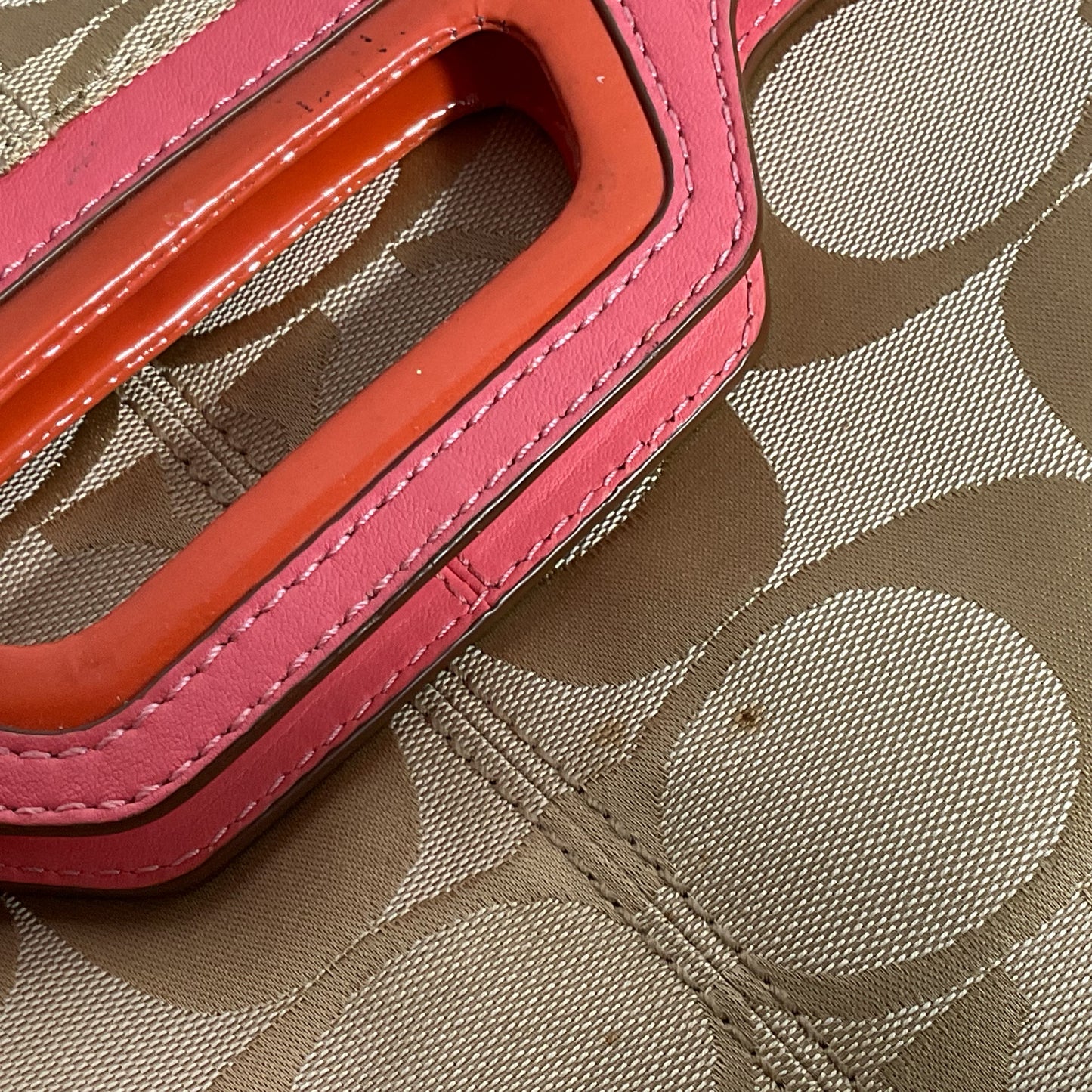 COACH Bonnie Signature Tan Pink/Coral Colorblock Trim Canvas Crossbody/Hand Bag