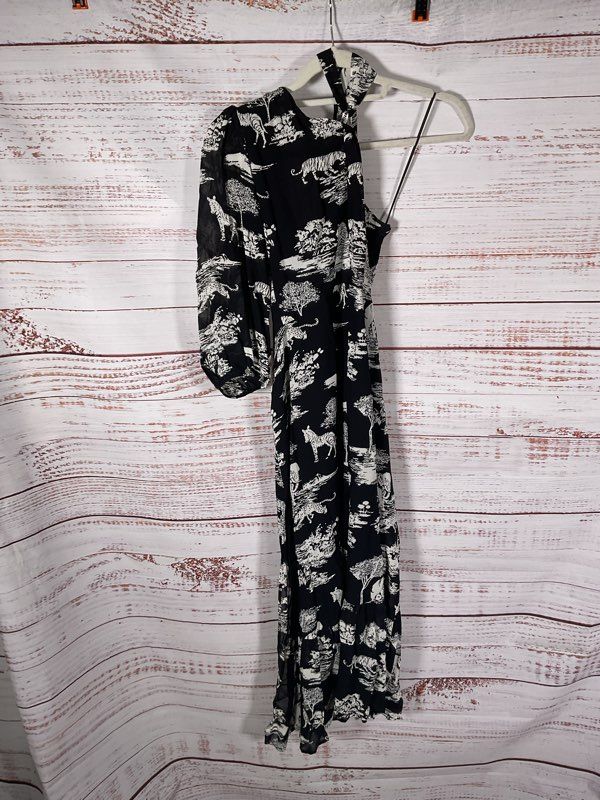 REFORMATION Freeport One Shoulder Slit Midi Dress - Black Safari Print Size 4