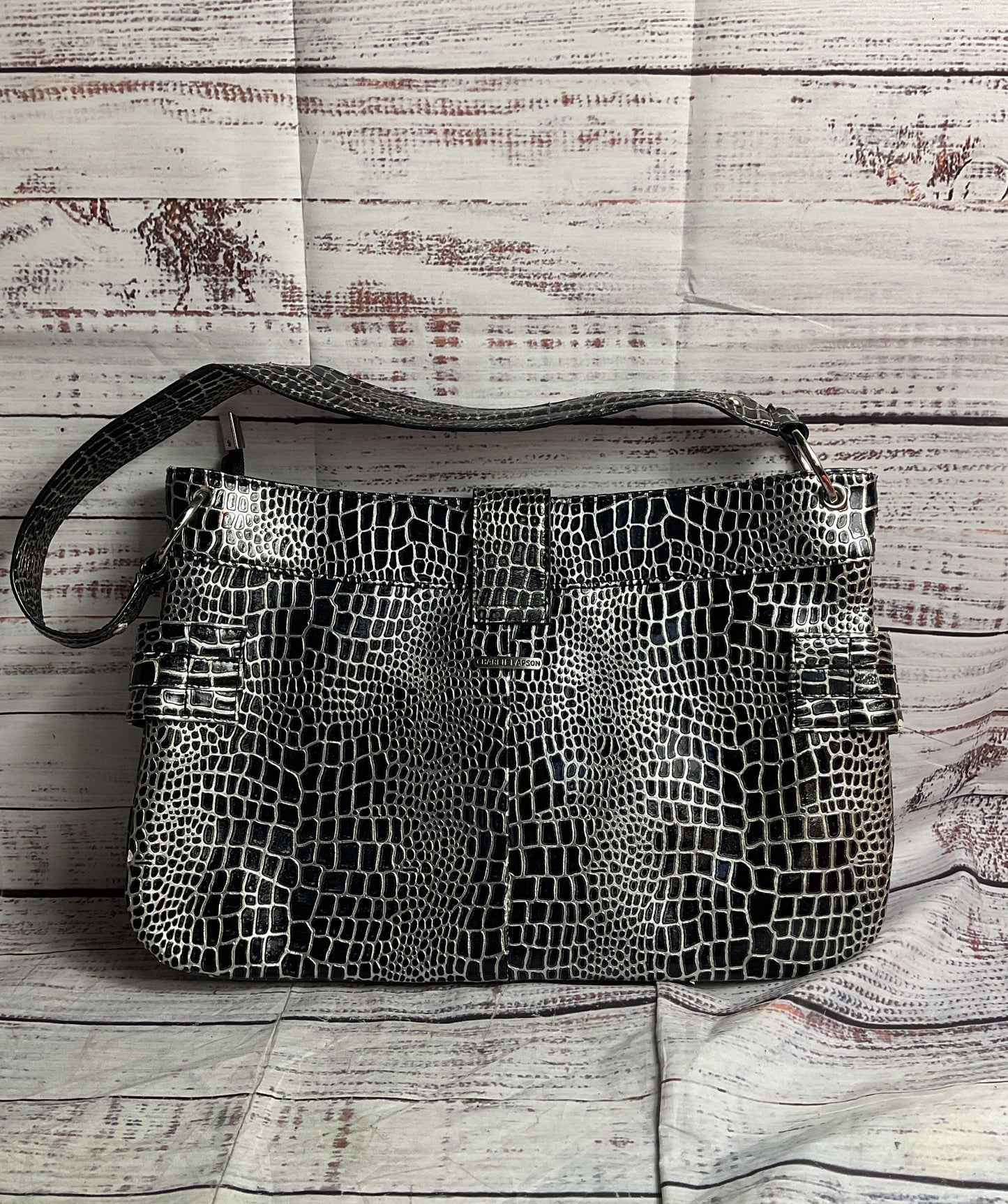 Charlie Lapson Leather Crocodile Embossed Shoulder Bag Black