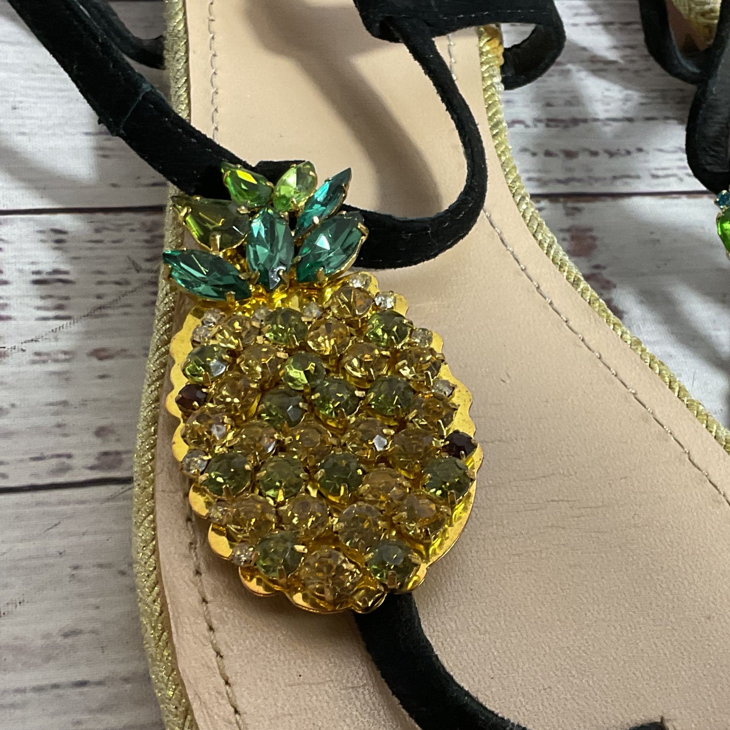 BIBI LOU Women's Black Palm Tree Pineapple Rhinestone Thong Sandals- SZ 37