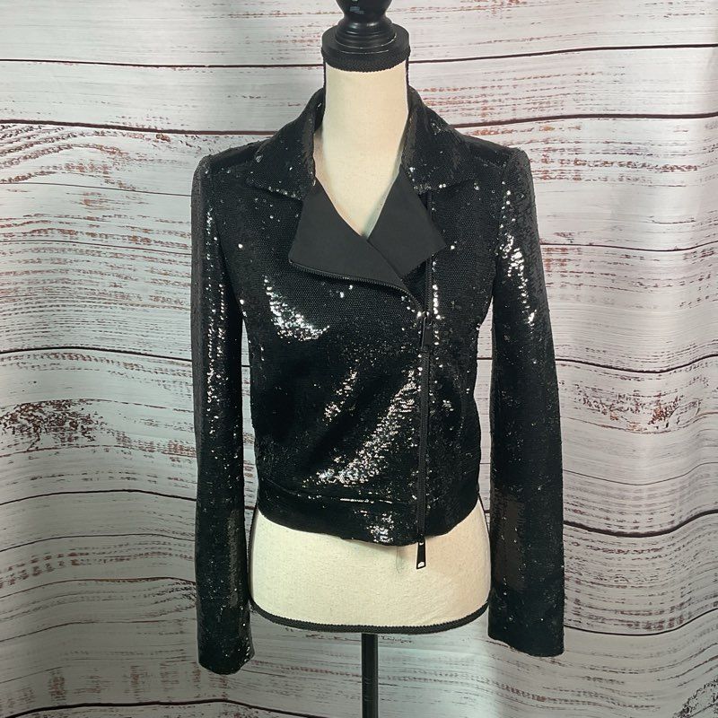 NWT Rachel Zoe Cassie Black Sequin Moto Jacket - Size 0 MSRP >$250 *DAMAGED*