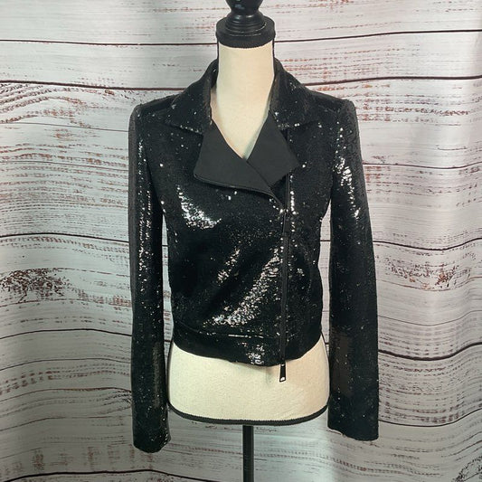 NWT Rachel Zoe Cassie Black Sequin Moto Jacket - Size 0 MSRP >$250 *DAMAGED*