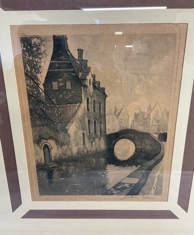 Julien Celos 1884-1953 Belgium Canal Scene Charcoal Etching Signed Print