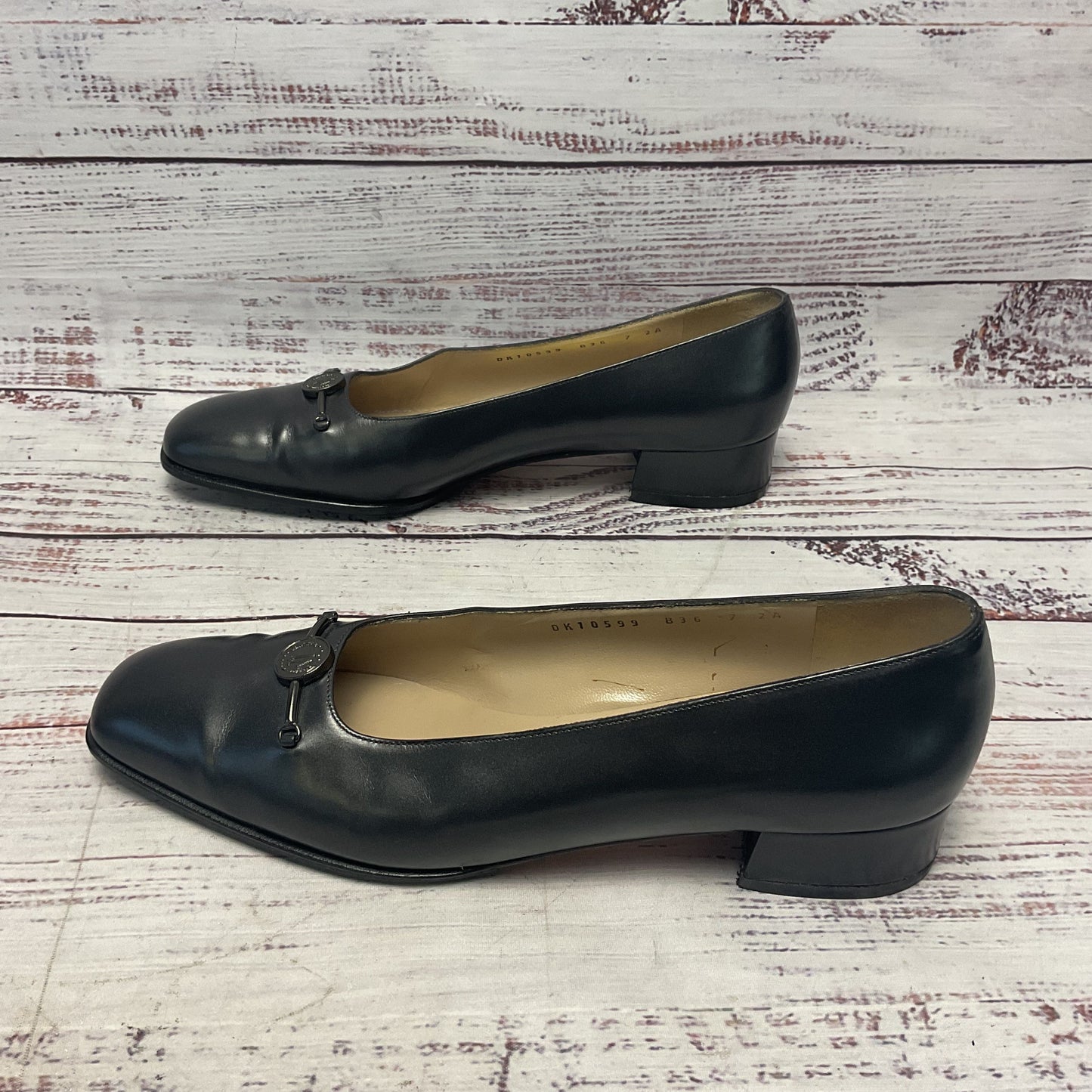 Salvatore Ferragamo Graphite Metallic Leather Block Heel Women Size 7
