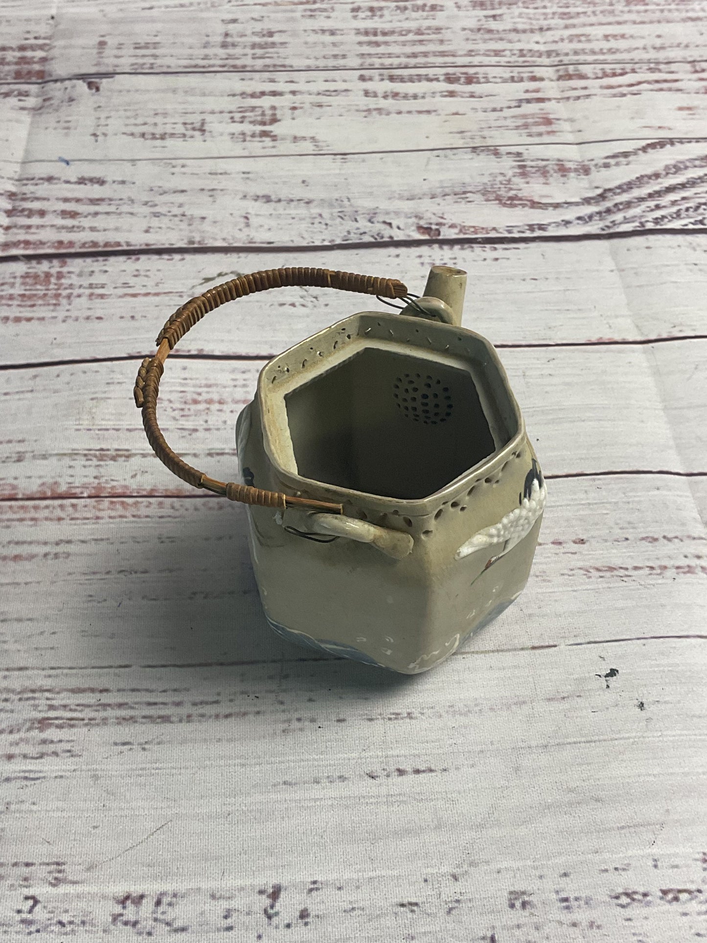 Small Clay Teapot Hand Painted Crane Scenes
