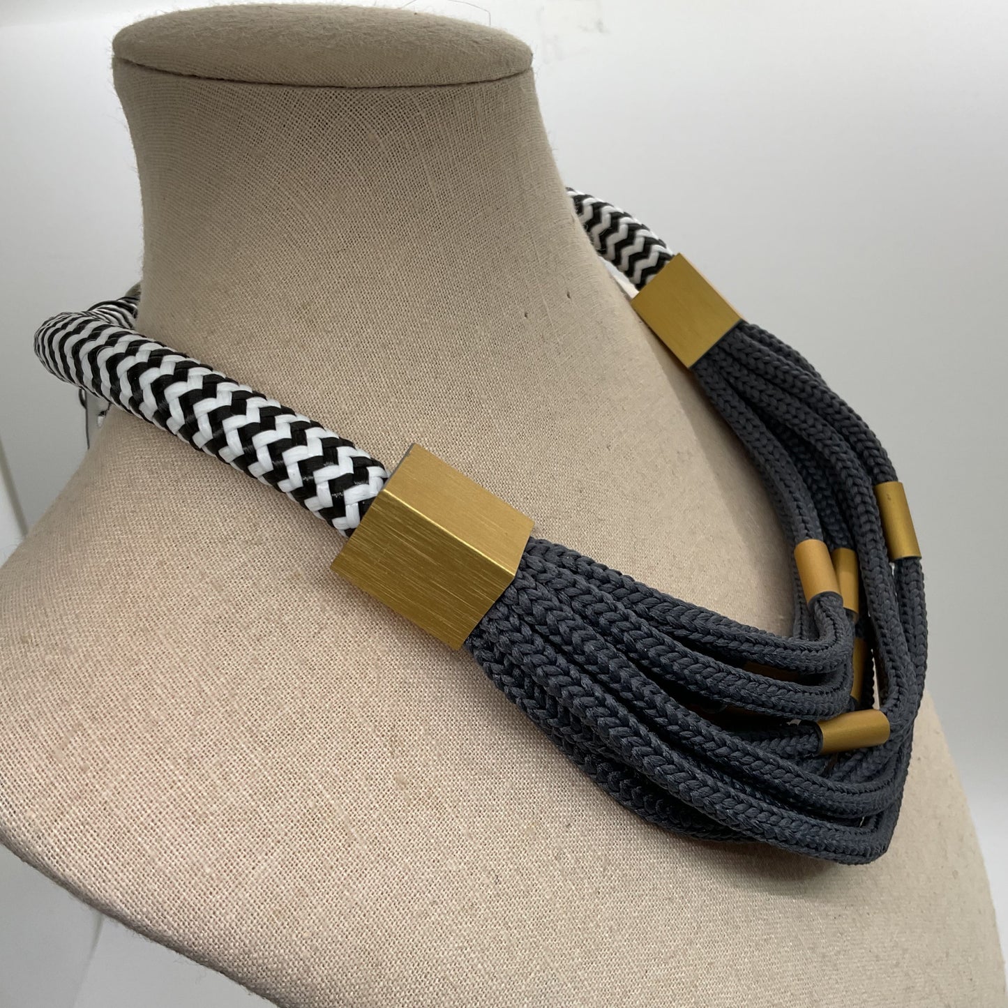 NEW CHRISTINA BRAMPTI Contemporary Cord Gray Black White Choker Necklace 18"