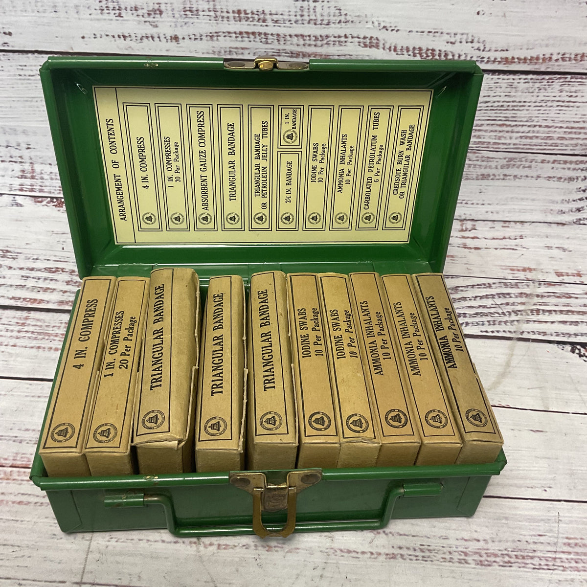 Bell System Green Metal First Aid Kit Box 1950s 1960s w/Contents