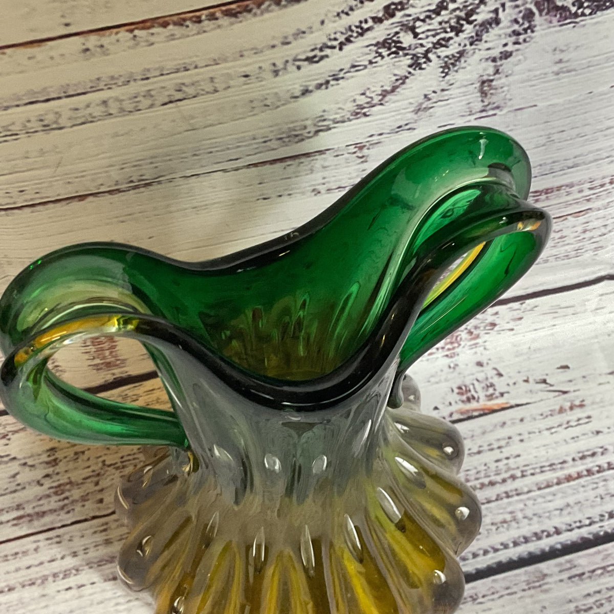VTG. Green Amber Ribbed Costolato Bubble Glass Vase- 7.5"