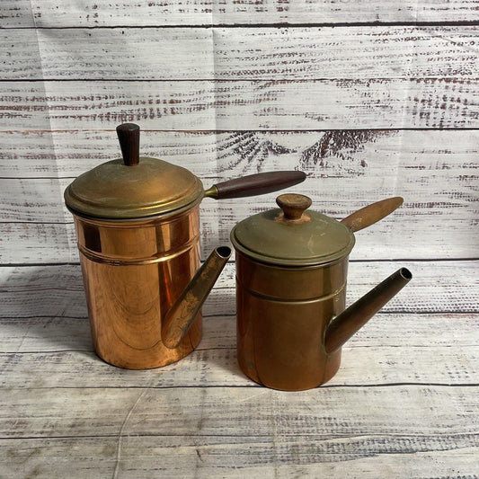 Tagus Set Of 2 Vintage Copper Wood Handle Turkish Coffee Pots