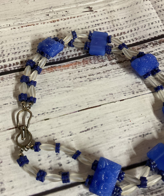 Carved Blue Glass Beaded Necklace Silver Clasp