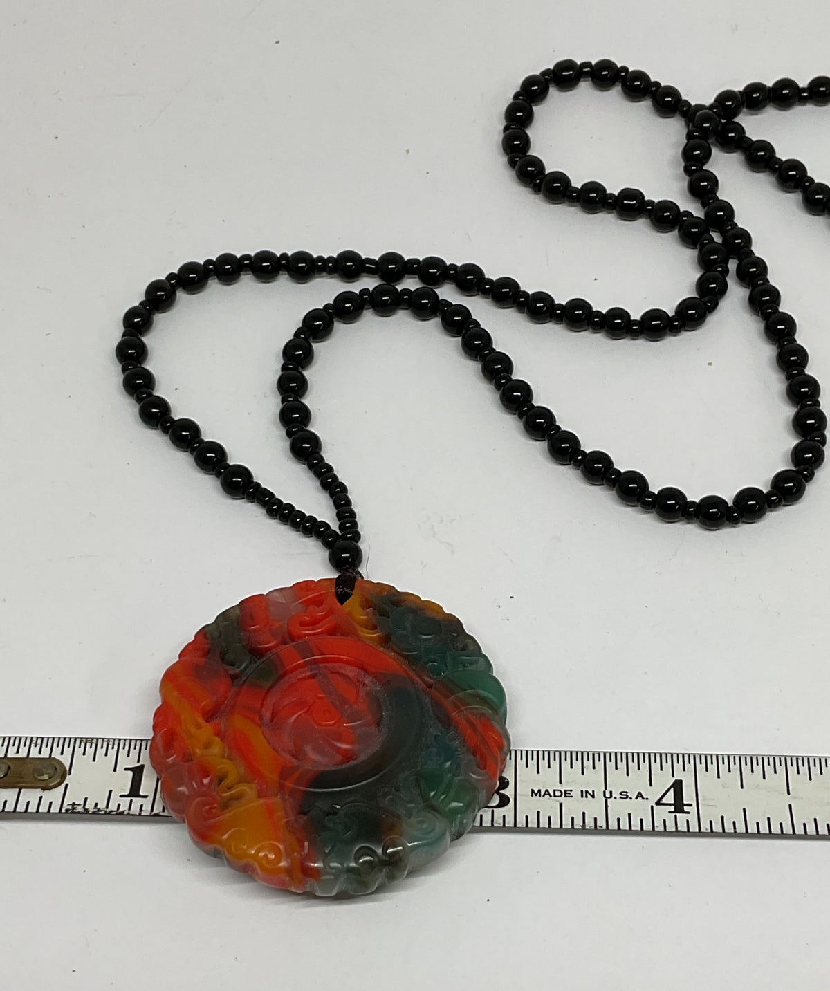 Carved Glass Pendant Necklace Black Beaded Necklace