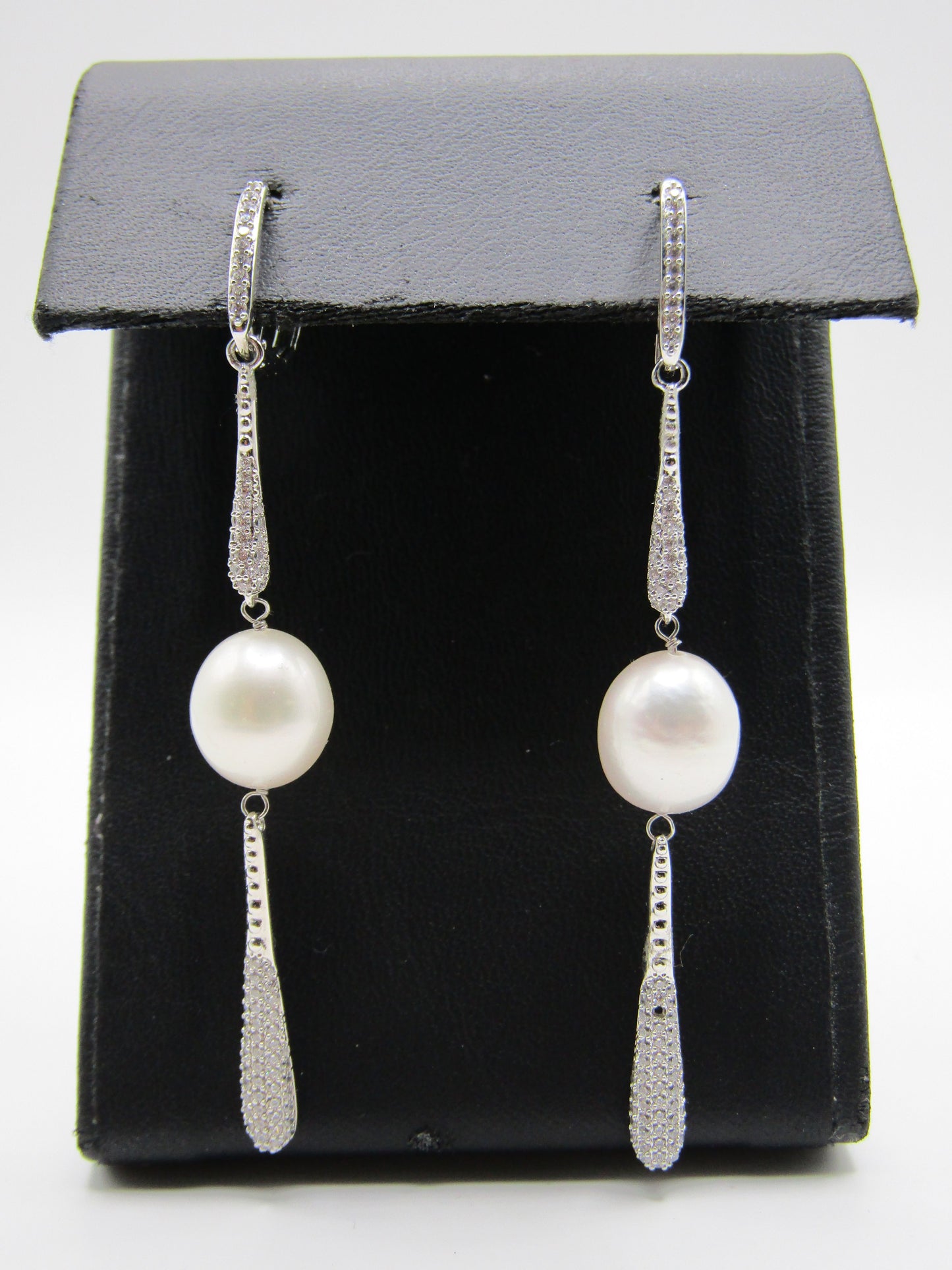 Rhodium Plated CZ Pave Freshwater Pearl Drop Dangle Earrings