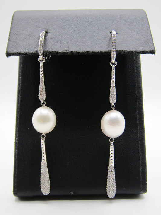 Rhodium Plated CZ Pave Freshwater Pearl Drop Dangle Earrings