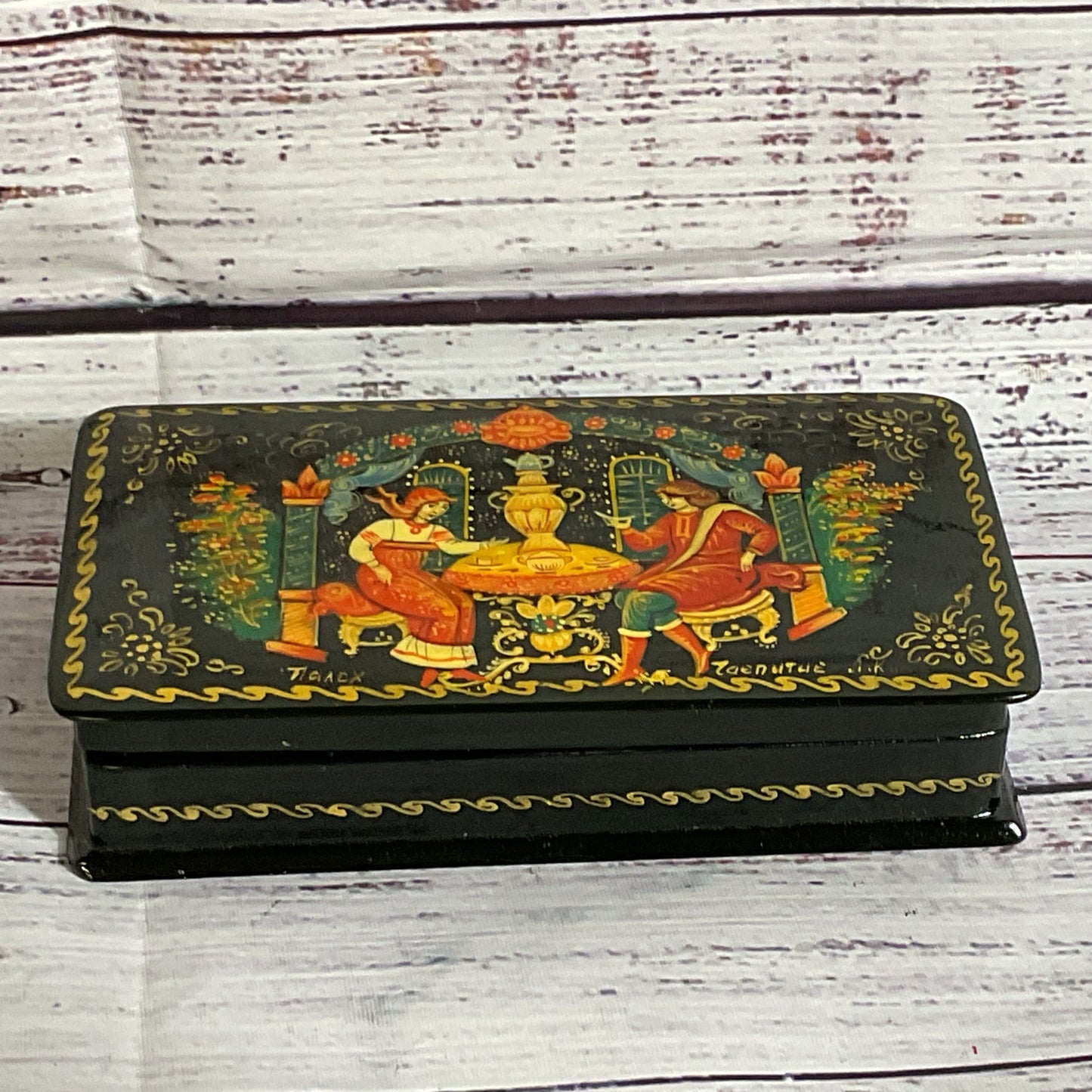 VTG. Russian Black Lacquer Hand Painted Trinket Box- 5" x 2.75"