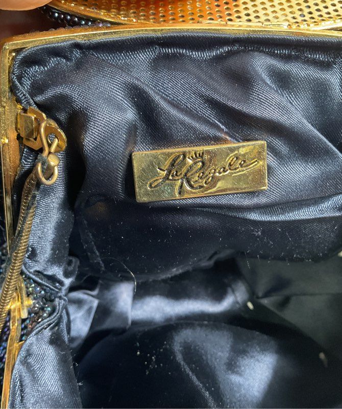 Vintage La Regale Metallic Beaded Dark Blue Clutch Bag Gold Tone Strap