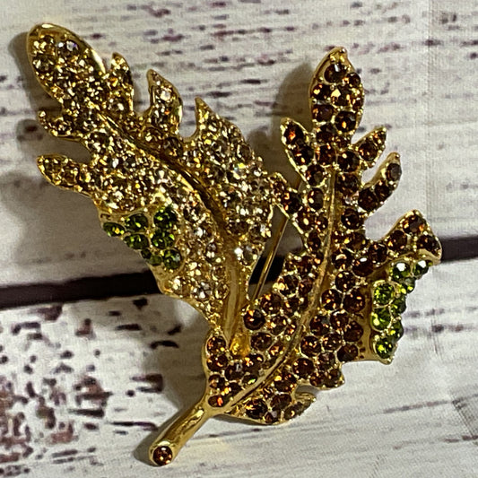 KENNETH JAY LANE Gold Tone Multicolor Rhinestone Leaf Brooch- 3"