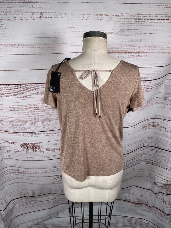 NWT Paige Women's Haider Tee Nude Gold Color Shimmer Short Sleeve Blouse Size M