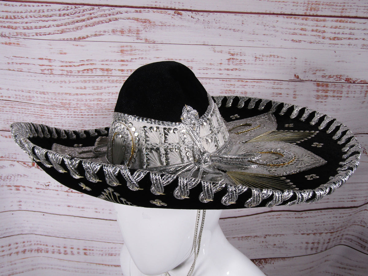 Ju-La Men's Black & Silver Ornate Charro Sombrero Hat Size S