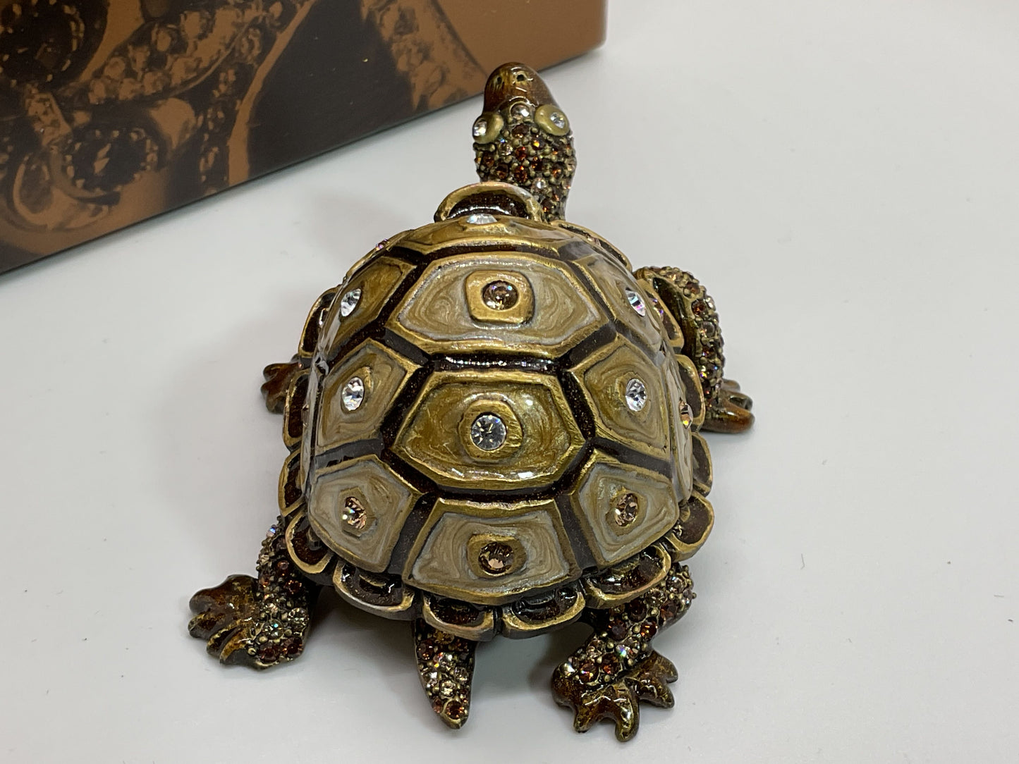 JAY STRONGWATER Brown Golden Brown Amber & Clear Crystals Turtle Trinket Box 3”