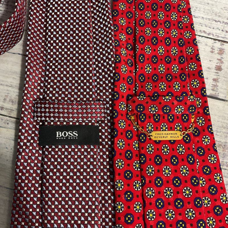 Hugo Boss & Fred Hayman Beverly Hills 2 pc. Lot Red Geometric Pattern Silk Ties