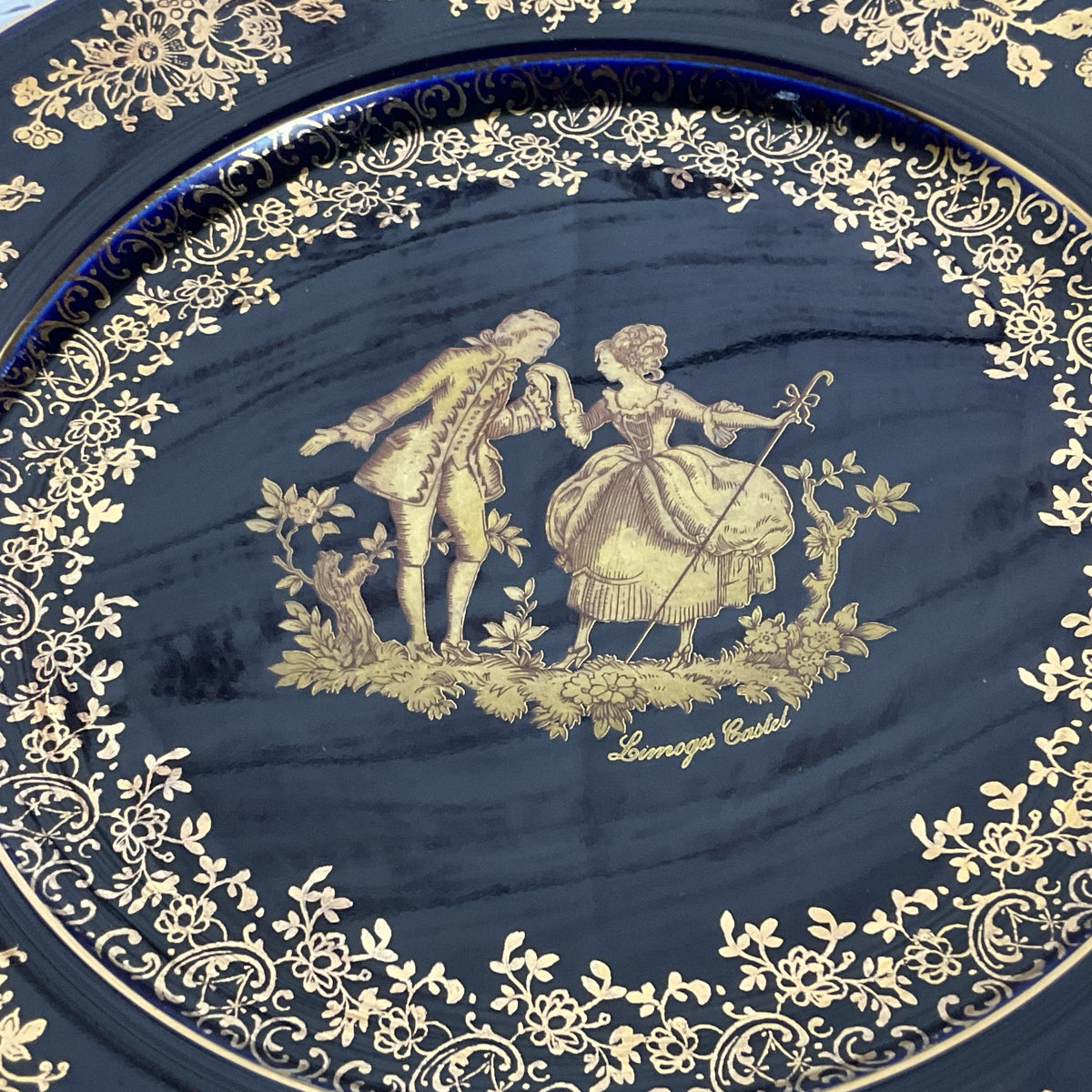 VTG LIMOGES Castel France Cobalt Blue Gold Gilt Courting Scene Bread Plate- 7.5"
