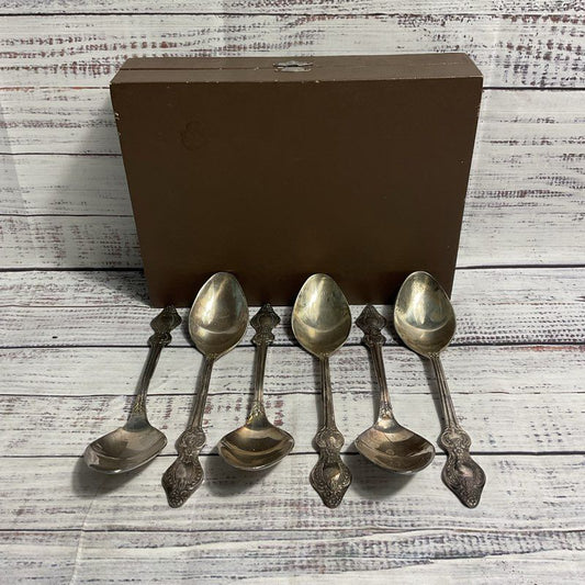 Set Of 6 Russian MHU Silver Plate Soup Spoons w/ Brown Case