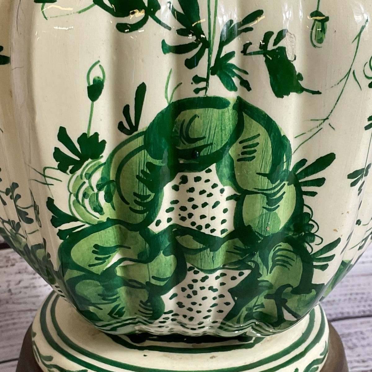 ANTIQUE DELFT???? Hand Painted Green Floral Porcelain and Brass Lamps- 28"