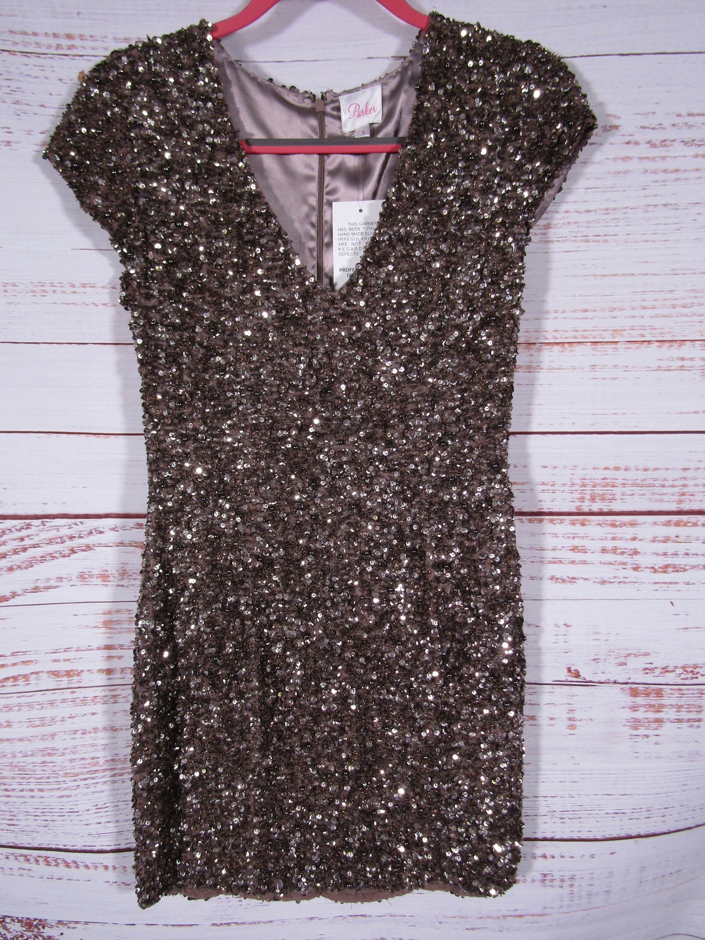 Parker Serena Women's Bronze Tone Sequin Mini Dress Size S