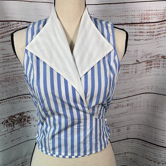 NWT STAUD Sample Women's Blue/White Strip Wrap Sleeveless Blouse- SZ 4