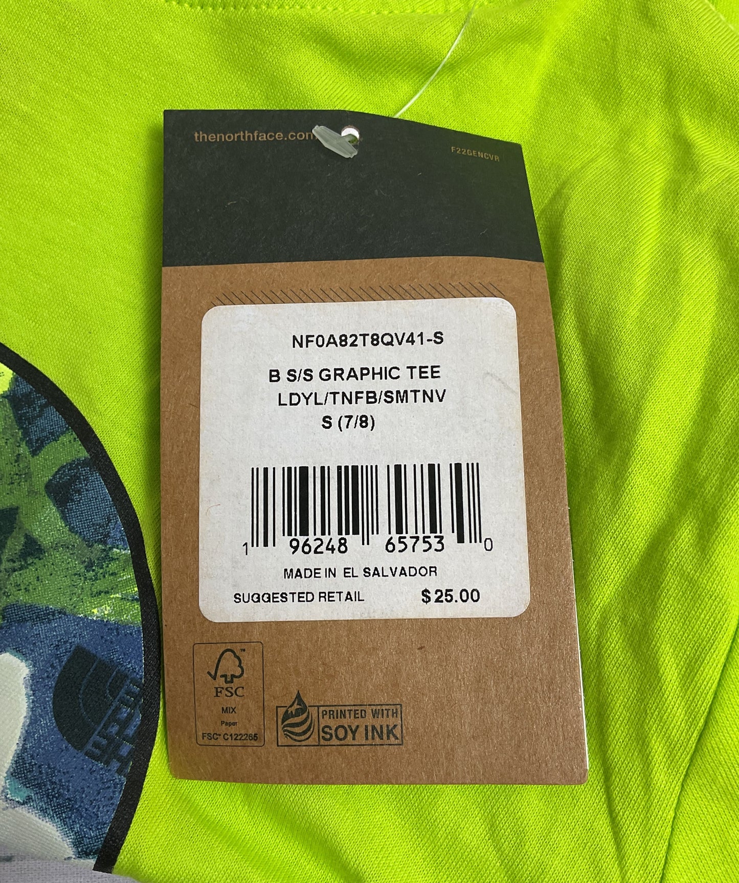 NWT North Face Neon Green Graphic Tee Boy's - Size Small 7/8