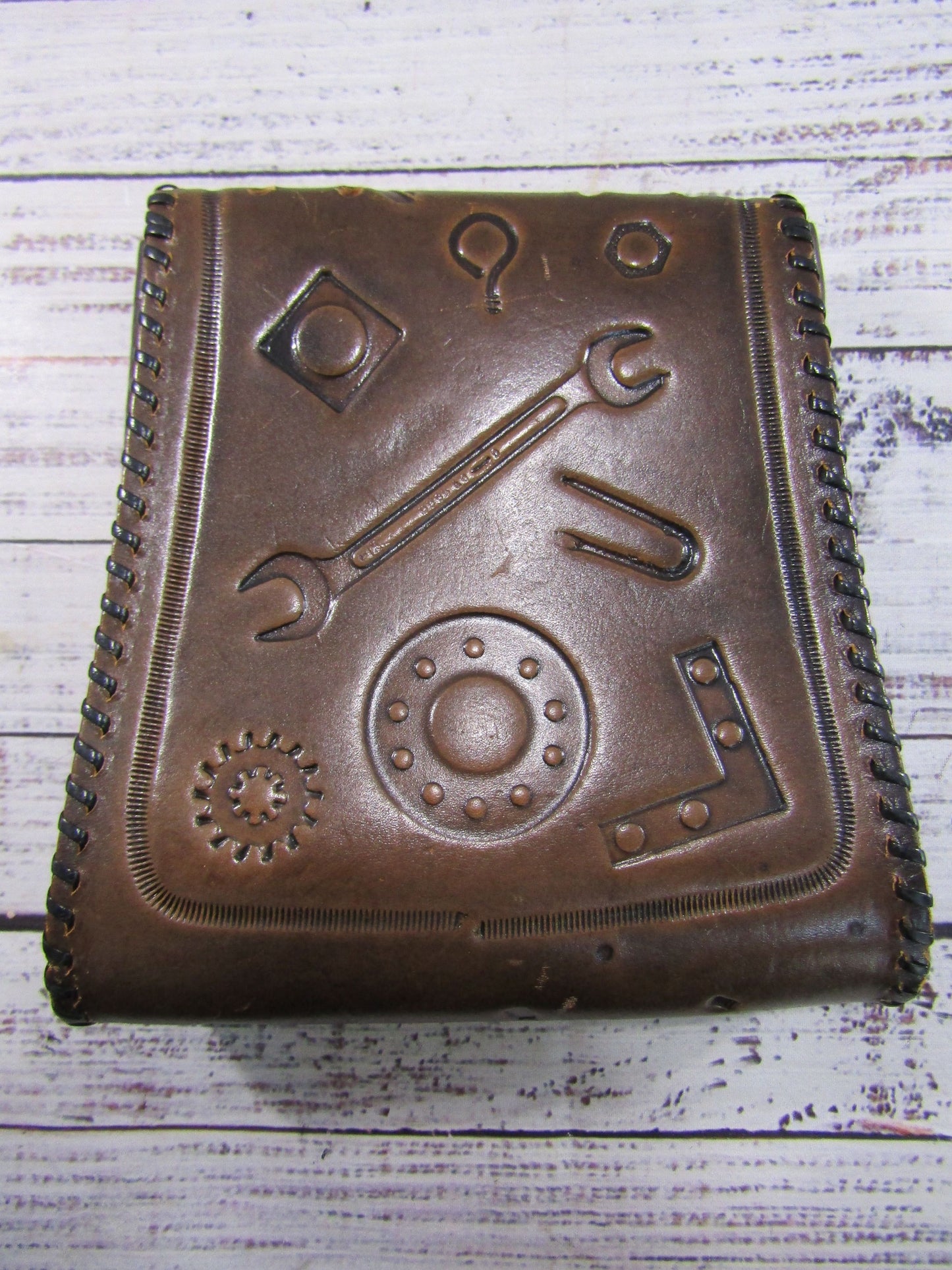 Vintage Artisan Handcrafted Leather Hardware & Tool Motif Clutch Bag