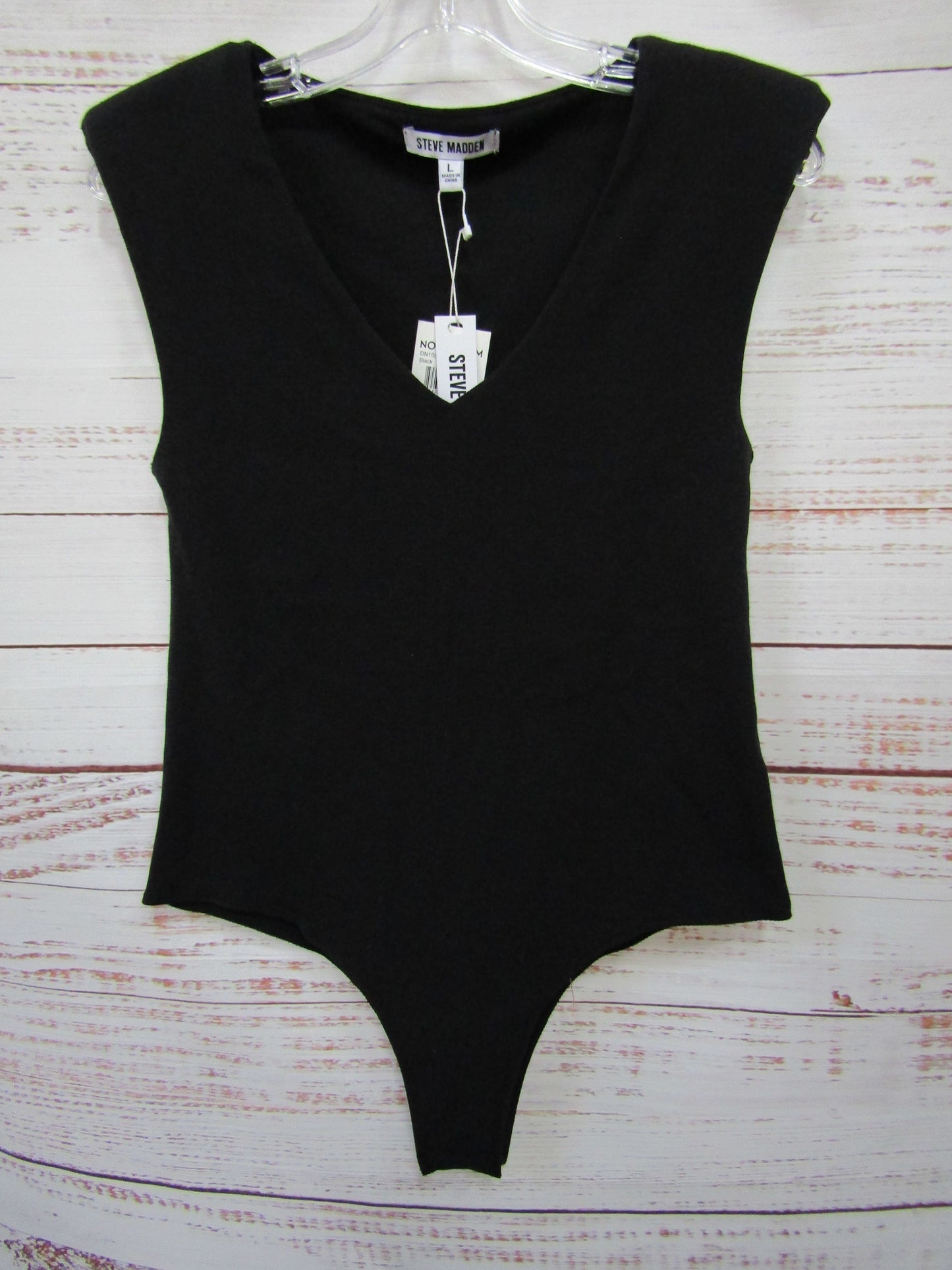 Steve Madden Women's Black V-Neck Bodysuit With Shoulder Pads Size L