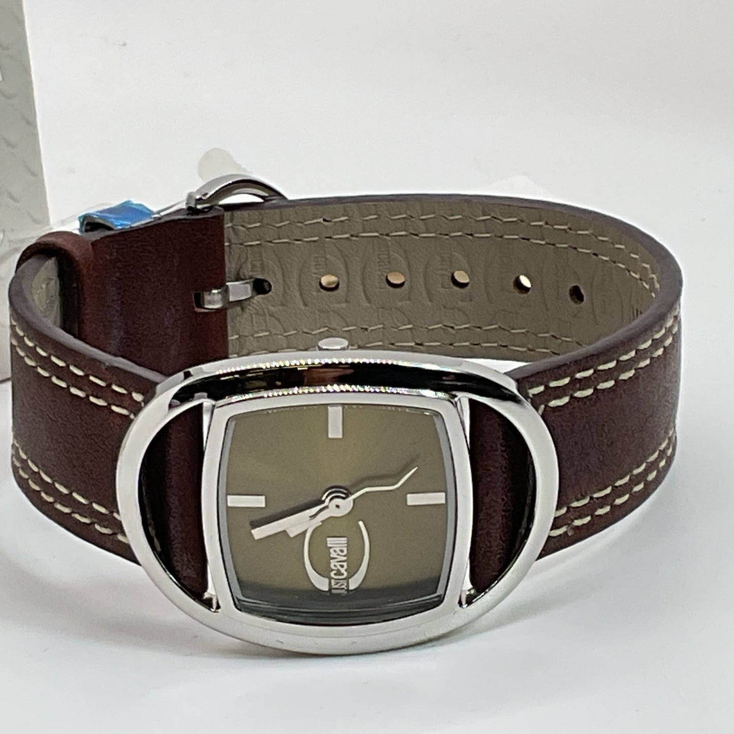 NEW JUST CAVALLI Time Silver Tone & Brown Leather Band Watch