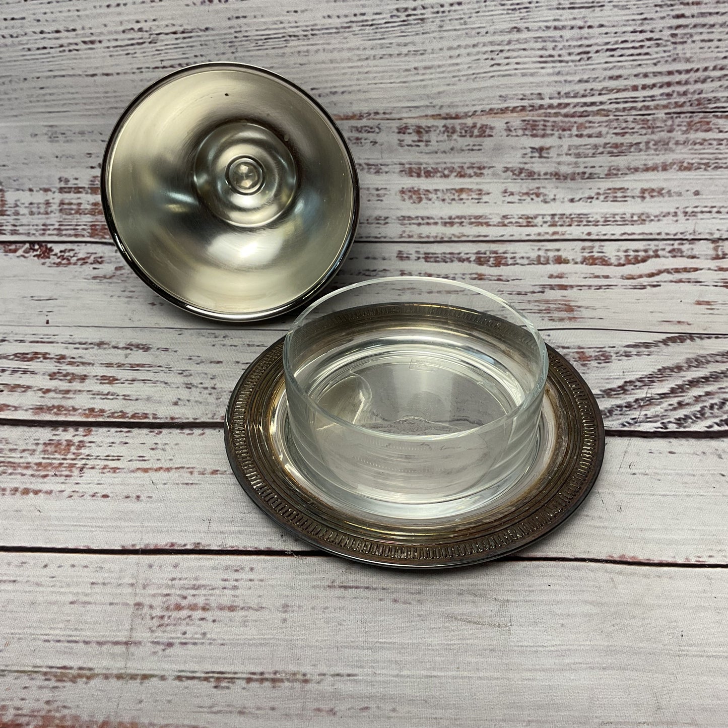 Gorham Maestri Silver Platted Salt And Peppershaker + Covered Glass Butter Dish