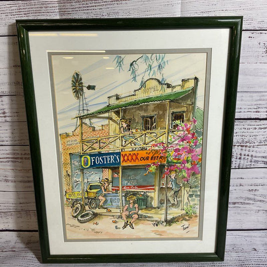 Signed VTG. Watercolor Cowboy Beer Artwork- FRAMED 18" X 14.5"