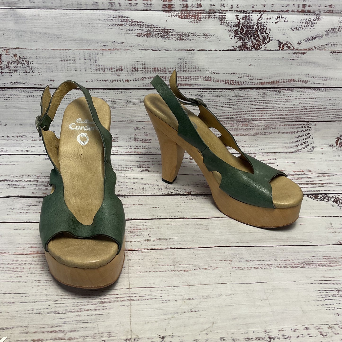 Colleen Cordero Green Leather Wooden Clog Platform Heel Women Size 7