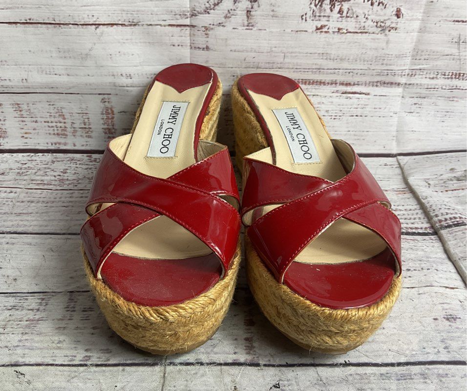 Jimmy Choo Paisley Patent Leather Espadrille Wedges Red 36