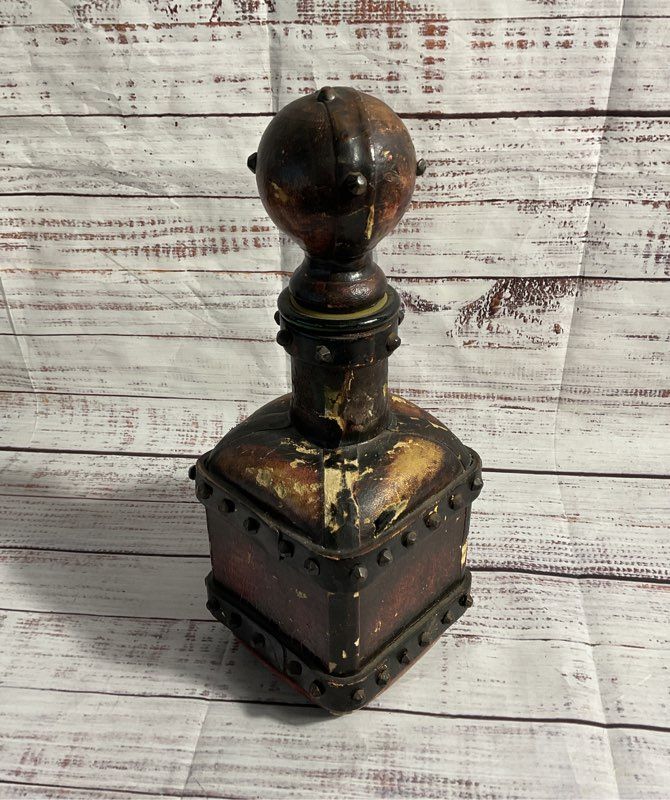Decorative Display Leather Clad Drinks Decanter Bottle Made In Italy 11"