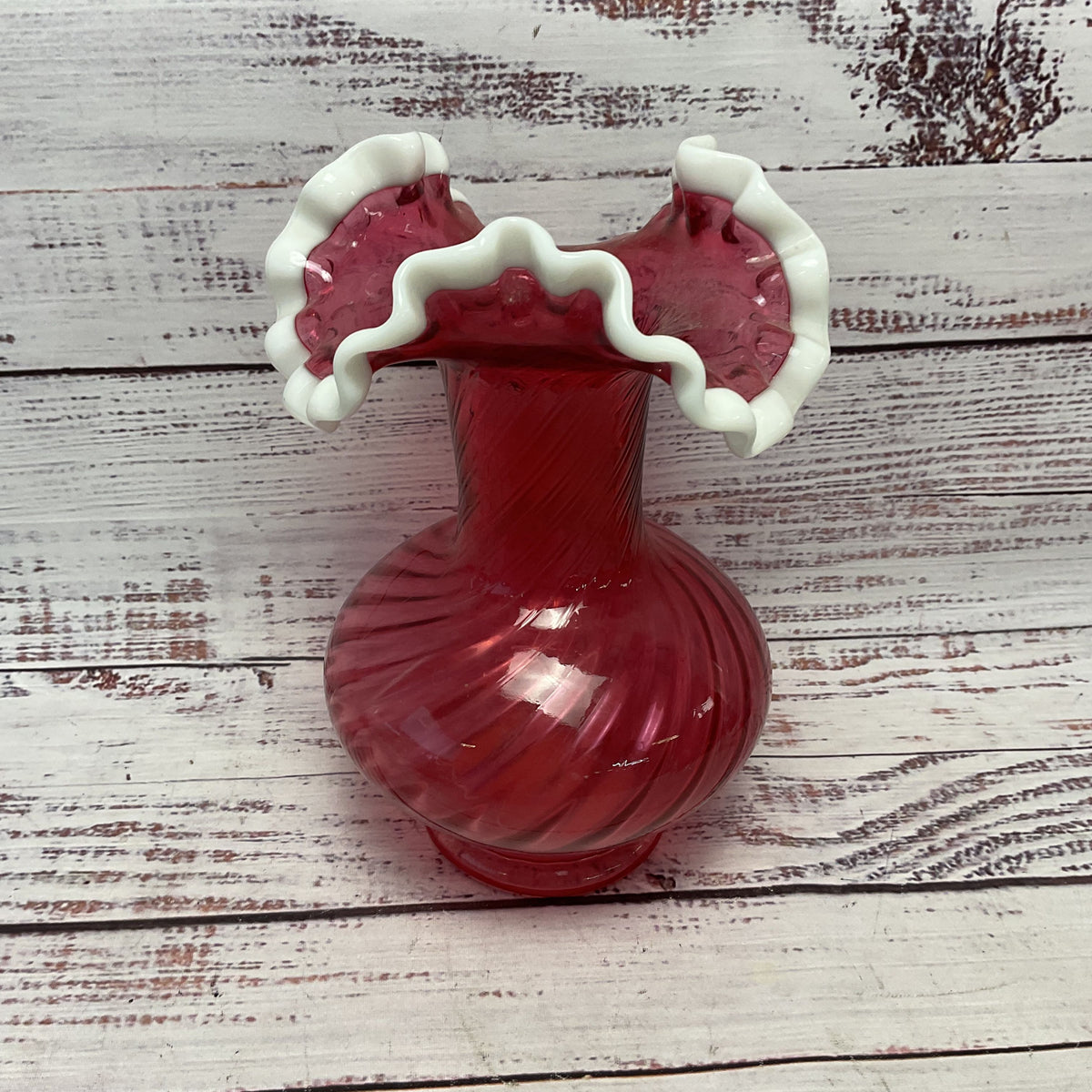 Fenton Pink Ruby Red Clear Swirl White Milk Glass Ruffled Rim 7.5" Vase