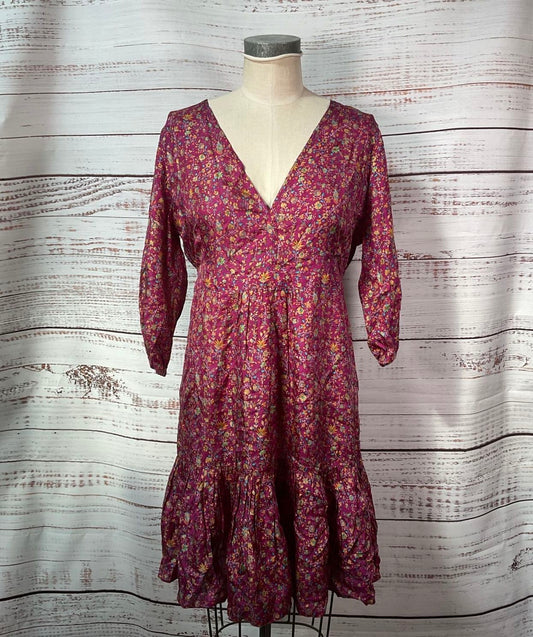 Mes Demoiselles Purple Flower Print 100% Silk Cinch Sleeve Midi Dress - Size 36