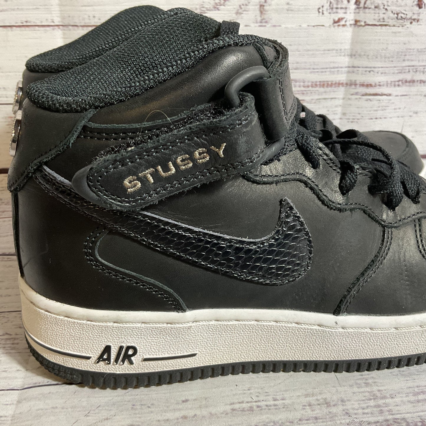 NIKE x STUSSY Air Force 1 Mid (DJ7840-001) Men's Black Snakeskin Shoes- SZ 6.5