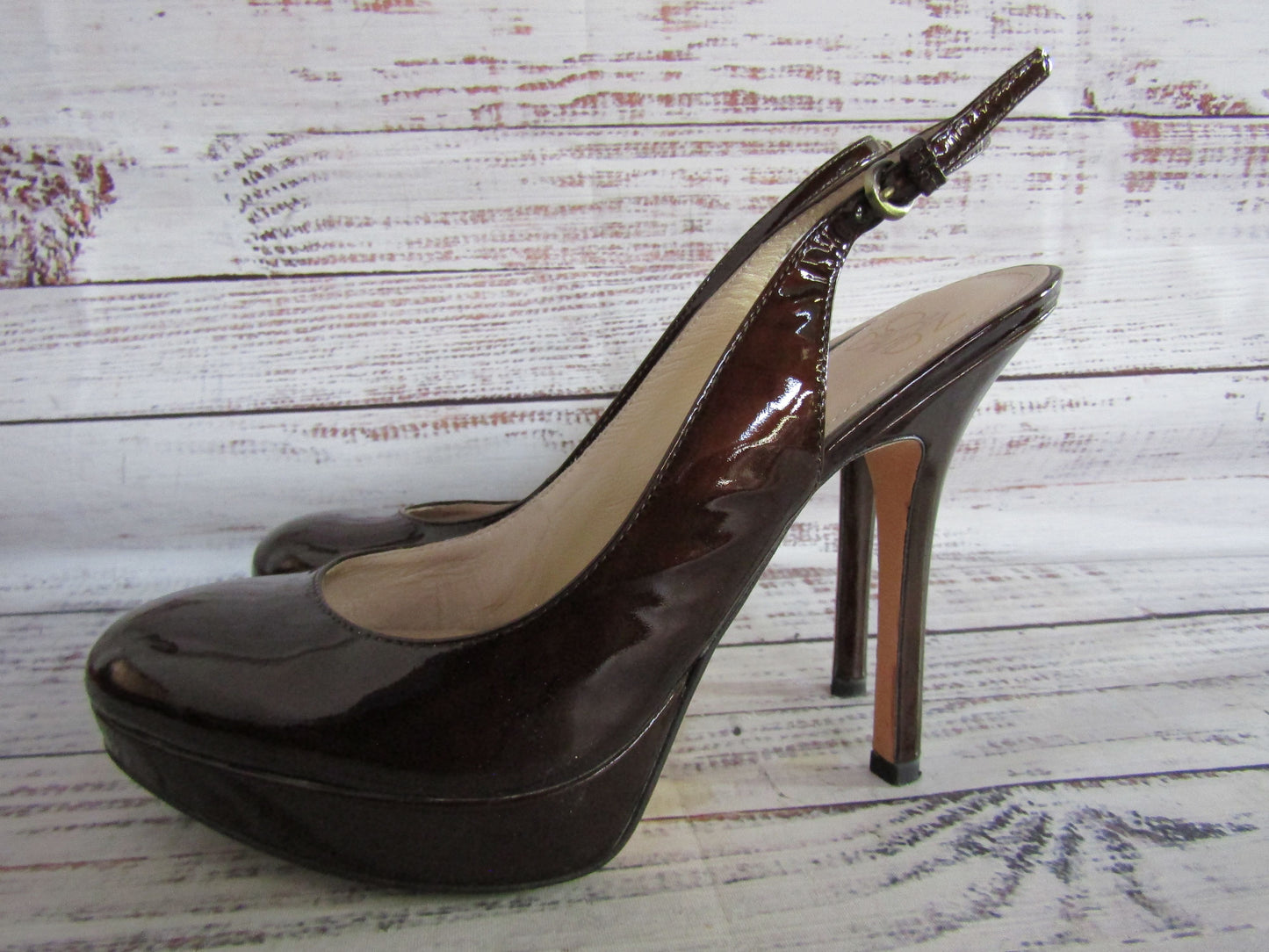 Joan & David Funn Women's Brown Patent Leather Slingback Heel Sandals Size 6.5