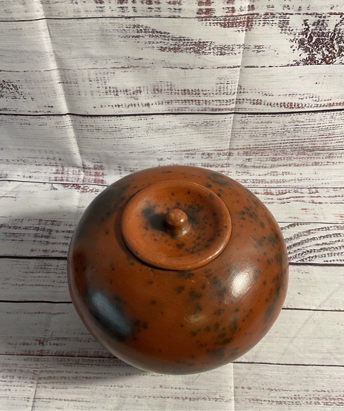 Vintage Sasak Pottery Earthenware Orange Black Jar/vase With Lid 6"