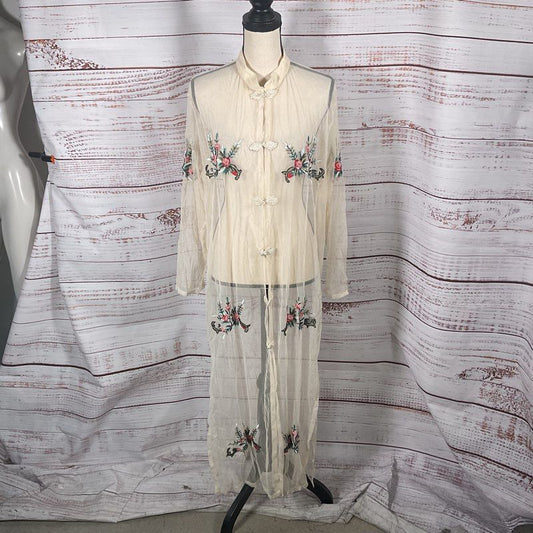 Ethos Vintage Floral Embroidered & Beaded Lace Full Button Duster Coat - Size L