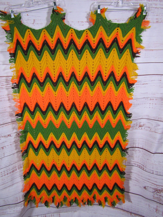 Vintage Hand Knit Crochet Wool Blend Multi-Color Chevron Zigzag Fringe Blanket