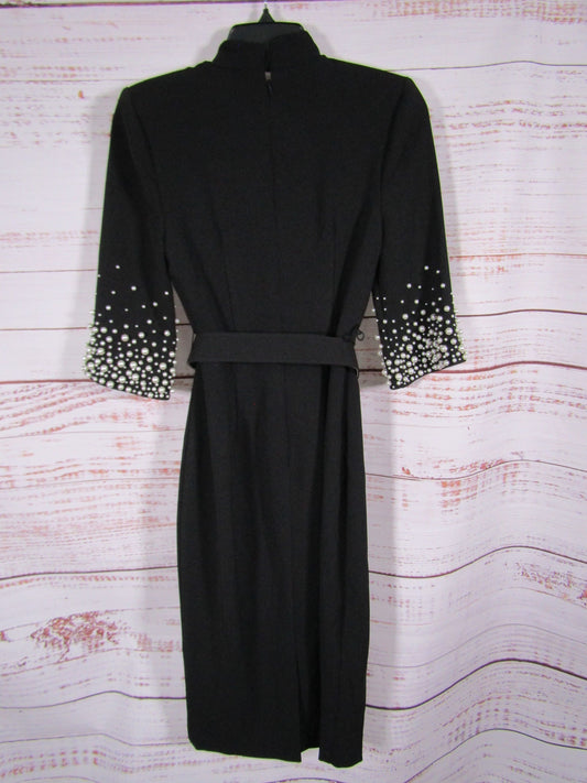 Badgley Mischka Women's Black Pearly Trim Midi Sheath Dress Size 0