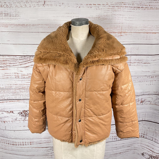 Express Faux Fur Faux Leather Tan Quilted Puffer Jacket - Size M New W/ Tags