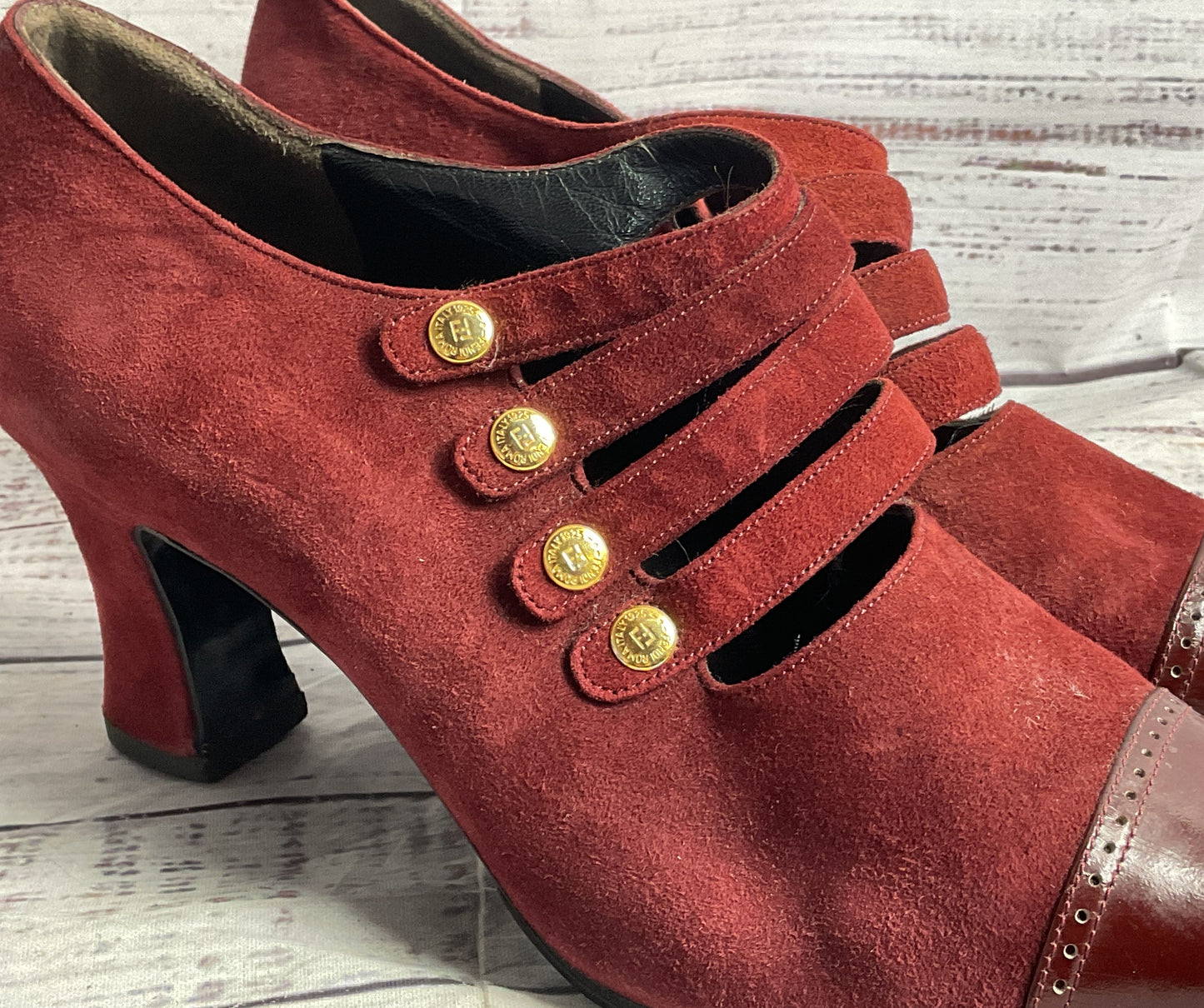 Fendi Vintage Suede Leather Side Button Pumps Red 35.5