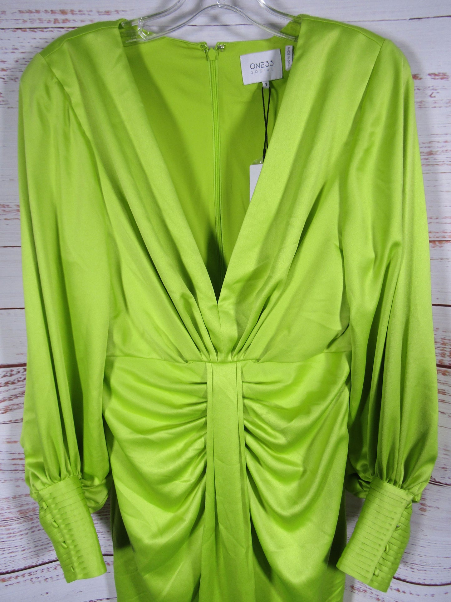 One33 Social Vera Women's Lime Green Sateen Ruched Balloon Sleeve Cocktail Dress
