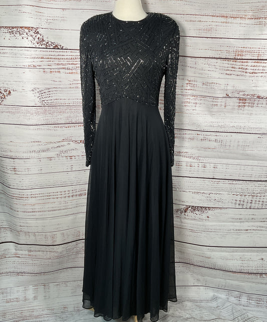Victoria Vintage Beaded Long Sleeve Gown Black 14